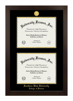 Southern Utah University College of Science Double Degree (Stacked) Frame in Manhattan Espresso with Black & Gold Mats for document: 8 1/2"h x 11"w  , document: 8 1/2"h x 11"w  