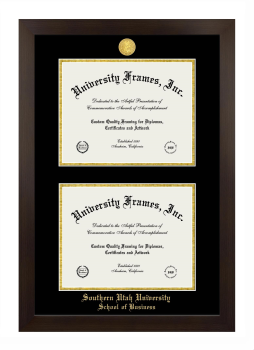 Southern Utah University School of Business Double Degree (Stacked) Frame in Manhattan Espresso with Black & Gold Mats for document: 8 1/2"h x 11"w  , document: 8 1/2"h x 11"w  