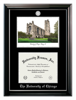 University of Chicago Double Opening with Campus Image (Stacked) Frame in Classic Ebony with Silver Trim with Black & Silver Mats for DOCUMENT: 8 1/2"H X 11"W  