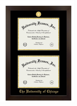 University of Chicago Double Degree (Stacked) Frame in Manhattan Espresso with Black & Gold Mats for DOCUMENT: 8 1/2"H X 11"W  , DOCUMENT: 8 1/2"H X 11"W  