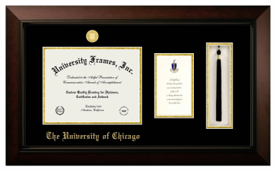 University of Chicago Diploma with Announcement & Tassel Box Frame in Legacy Black Cherry with Black & Gold Mats for  9"h x 12"w  , diploma: 7"h x 4"w  