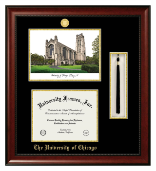 University of Chicago Double Opening with Campus Image & Tassel Box (Stacked) Frame in Avalon Mahogany with Black & Gold Mats for DOCUMENT: 8 1/2"H X 11"W  