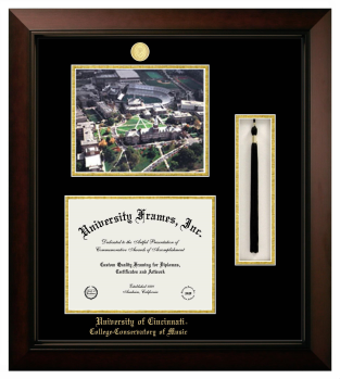Double Opening with Campus Image & Tassel Box (Stacked) Frame in Legacy Black Cherry with Black & Gold Mats for DOCUMENT: 8 1/2"H X 11"W  