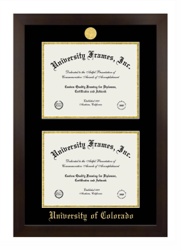 University of Colorado Double Degree (Stacked) Frame in Manhattan Espresso with Black & Gold Mats for DOCUMENT: 8 1/2"H X 11"W  , DOCUMENT: 8 1/2"H X 11"W  