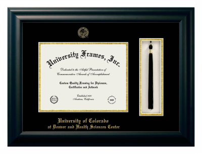 University of Colorado at Denver and Health Sciences Center Diploma with Tassel Box Frame in Satin Black with Black & Gold Mats for DOCUMENT: 8 1/2"H X 11"W  