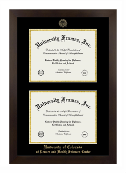 University of Colorado at Denver and Health Sciences Center Double Degree (Stacked) Frame in Manhattan Espresso with Black & Gold Mats for document: 8 1/2"h x 11"w  , document: 8 1/2"h x 11"w  