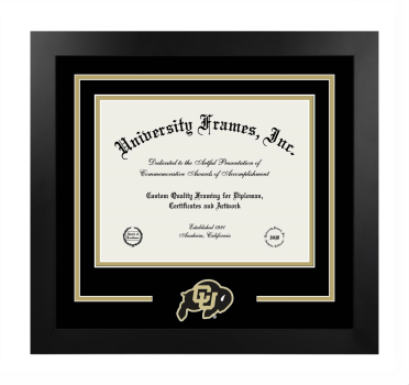 University of Colorado Boulder Logo Mat Frame in Manhattan Black with Black & Tan Mats for DOCUMENT: 8 1/2"H X 11"W  