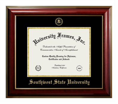 Southwest State University Diploma Frame in Classic Mahogany with Gold Trim with Black & Gold Mats for DOCUMENT: 8 1/2"H X 11"W  