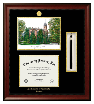University of Colorado Boulder Double Opening with Campus Image & Tassel Box (Stacked) Frame in Avalon Mahogany with Black & Gold Mats for DOCUMENT: 8 1/2"H X 11"W  