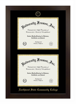 Northwest State Community College Double Degree (Stacked) Frame in Manhattan Espresso with Black & Gold Mats for document: 8 1/2"h x 11"w  , document: 8 1/2"h x 11"w  