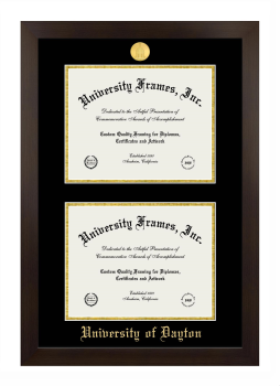 University of Dayton Double Degree (Stacked) Frame in Manhattan Espresso with Black & Gold Mats for document: 8 1/2"h x 11"w  , document: 8 1/2"h x 11"w  