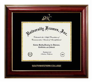 Southwestern College Diploma Frame in Classic Mahogany with Gold Trim with Black & Gold Mats for DOCUMENT: 8 1/2"H X 11"W  