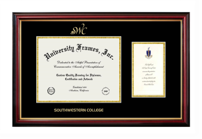 Southwestern College Diploma with Announcement Frame in Petite Mahogany with Gold Trim with Black & Gold Mats for document: 8 1/2"h x 11"w  , diploma: 7"h x 4"w  