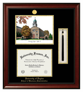 University of Dayton School of Business Administration Double Opening with Campus Image & Tassel Box (Stacked) Frame in Avalon Mahogany with Black & Gold Mats for document: 8 1/2"h x 11"w  