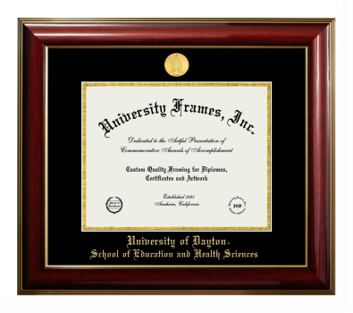 University of Dayton School of Education and Health Sciences Diploma Frame in Classic Mahogany with Gold Trim with Black & Gold Mats for document: 8 1/2"h x 11"w  