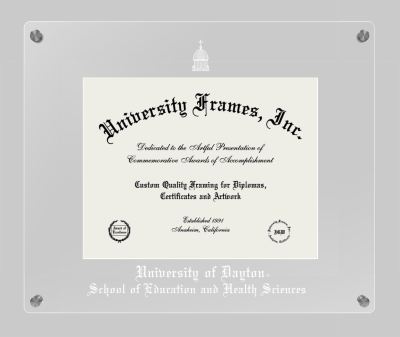 University of Dayton School of Education and Health Sciences Lucent Clear-over-Clear Frame in Lucent Clear Moulding with Lucent Clear Mat for document: 8 1/2"h x 11"w  