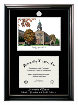 University of Dayton School of Education and Health Sciences Double Opening with Campus Image (Stacked) Frame in Classic Ebony with Silver Trim with Black & Silver Mats for document: 8 1/2"h x 11"w  