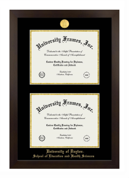 University of Dayton School of Education and Health Sciences Double Degree (Stacked) Frame in Manhattan Espresso with Black & Gold Mats for document: 8 1/2"h x 11"w  , document: 8 1/2"h x 11"w  