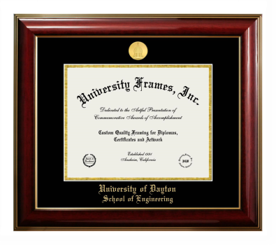 University of Dayton School of Engineering Diploma Frame in Classic Mahogany with Gold Trim with Black & Gold Mats for document: 8 1/2"h x 11"w  