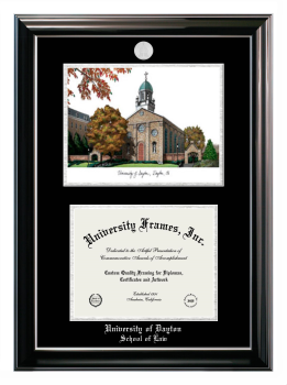 University of Dayton School of Law Double Opening with Campus Image (Stacked) Frame in Classic Ebony with Silver Trim with Black & Silver Mats for DOCUMENT: 8 1/2"H X 11"W  