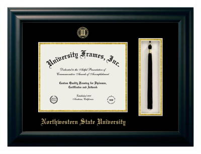 Northwestern State University Diploma with Tassel Box Frame in Satin Black with Black & Gold Mats for document: 8 1/2"h x 11"w  