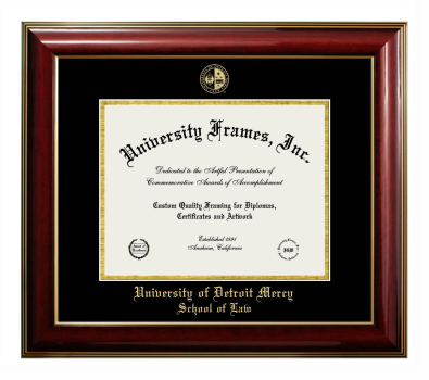 University of Detroit Mercy School of Law Diploma Frame in Classic Mahogany with Gold Trim with Black & Gold Mats for document: 8 1/2"h x 11"w  