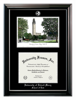 University of Detroit Mercy School of Law Double Opening with Campus Image (Stacked) Frame in Classic Ebony with Silver Trim with Black & Silver Mats for document: 8 1/2"h x 11"w  
