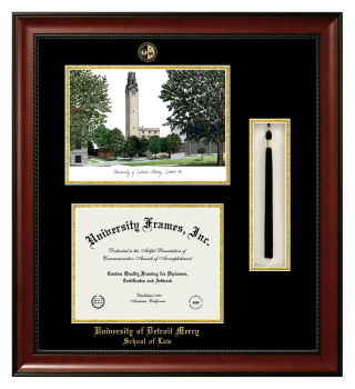 University of Detroit Mercy School of Law Double Opening with Campus Image & Tassel Box (Stacked) Frame in Avalon Mahogany with Black & Gold Mats for document: 8 1/2"h x 11"w  