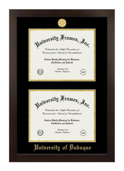 University of Dubuque Double Degree (Stacked) Frame in Manhattan Espresso with Black & Gold Mats for document: 8 1/2"h x 11"w  , document: 8 1/2"h x 11"w  