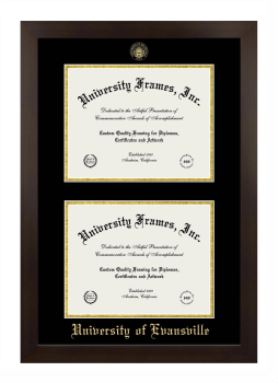 University of Evansville Double Degree (Stacked) Frame in Manhattan Espresso with Black & Gold Mats for document: 8 1/2"h x 11"w  , document: 8 1/2"h x 11"w  
