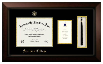 Spelman College Diploma with Announcement & Tassel Box Frame in Legacy Black Cherry with Black & Gold Mats for document: 8 1/2"h x 11"w  , diploma: 7"h x 4"w  