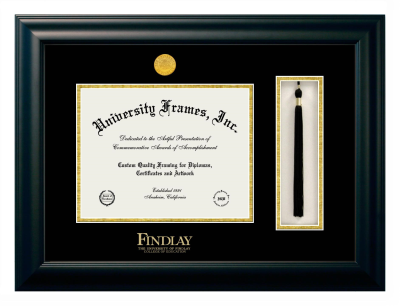 University of Findlay College of Education Diploma with Tassel Box Frame in Satin Black with Black & Gold Mats for DOCUMENT: 8 1/2"H X 11"W  