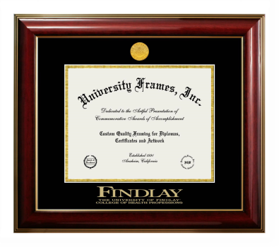University of Findlay College of Health Professions Diploma Frame in Classic Mahogany with Gold Trim with Black & Gold Mats for DOCUMENT: 8 1/2"H X 11"W  