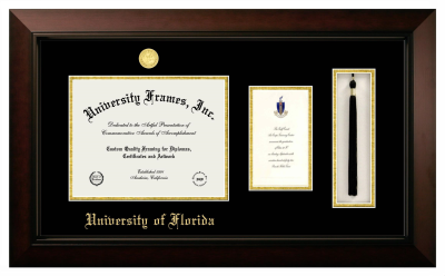 University of Florida Diploma with Announcement & Tassel Box Frame in Legacy Black Cherry with Black & Gold Mats for DOCUMENT: 8 1/2"H X 11"W  ,  7"H X 4"W  