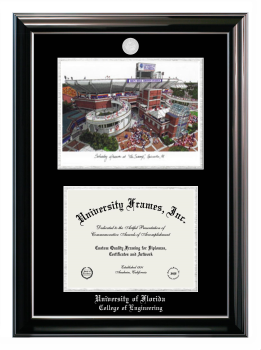 University of Florida College of Engineering Double Opening with Campus Image (Stacked) Frame in Classic Ebony with Silver Trim with Black & Silver Mats for document: 8 1/2"h x 11"w  
