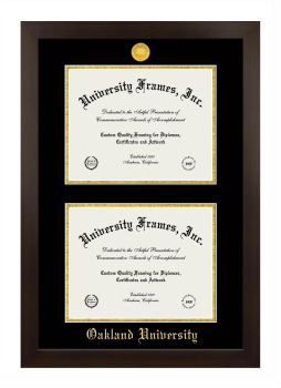 Oakland University Double Diploma Frame in Manhattan Espresso with Black & Gold Mats for document: 8 1/2"h x 11"w  , document: 8 1/2"h x 11"w  