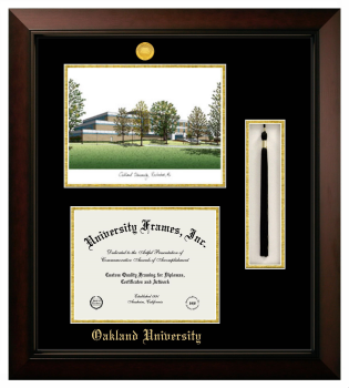 Oakland University Double Opening with Campus Image & Tassel Box (Stacked) Frame in Legacy Black Cherry with Black & Gold Mats for document: 8 1/2"h x 11"w  