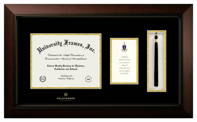 Oglethorpe University Diploma with Announcement & Tassel Box Frame in Legacy Black Cherry with Black & Gold Mats for document: 8 1/2"h x 11"w  , diploma: 7"h x 4"w  