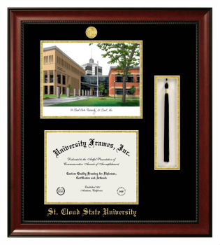 St. Cloud State University Double Opening with Campus Image & Tassel Box (Stacked) Frame in Avalon Mahogany with Black & Gold Mats for document: 8 1/2"h x 11"w  