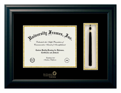 St. Cloud Technical & Community College Diploma with Tassel Box Frame in Satin Black with Black & Gold Mats for DOCUMENT: 8 1/2"H X 11"W  