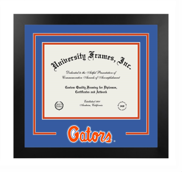 University of Florida Levin College of Law Logo Mat Frame in Manhattan Black with Royal Blue & Orange Mats for document: 8 1/2"h x 11"w  