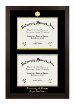 University of Florida Magna Cum Laude Double Diploma Frame in Manhattan Espresso with Black & Gold Mats for DOCUMENT: 8 1/2"H X 11"W  , DOCUMENT: 8 1/2"H X 11"W  
