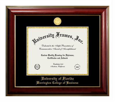 University of Florida Warrington College of Business Diploma Frame in Classic Mahogany with Gold Trim with Black & Gold Mats for document: 8 1/2"h x 11"w  