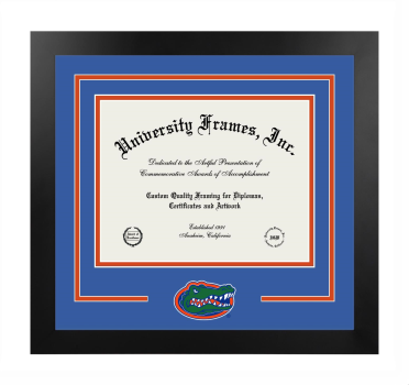 University of Florida Warrington College of Business Logo Mat Frame in Manhattan Black with Royal Blue & Orange Mats for document: 8 1/2"h x 11"w  