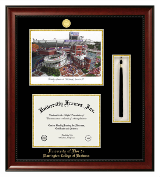University of Florida Warrington College of Business Double Opening with Campus Image & Tassel Box (Stacked) Frame in Avalon Mahogany with Black & Gold Mats for document: 8 1/2"h x 11"w  