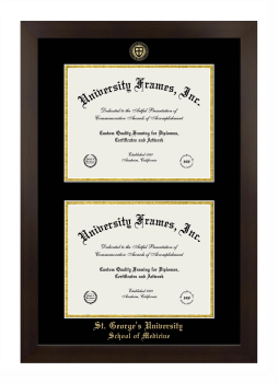 St. George's University School of Medicine Double Degree (Stacked) Frame in Manhattan Espresso with Black & Gold Mats for DOCUMENT: 8 1/2"H X 11"W  , DOCUMENT: 8 1/2"H X 11"W  