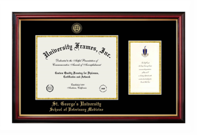 St. George's University School of Veterinary Medicine Diploma with Announcement Frame in Petite Mahogany with Gold Trim with Black & Gold Mats for document: 8 1/2"h x 11"w  , diploma: 7"h x 4"w  