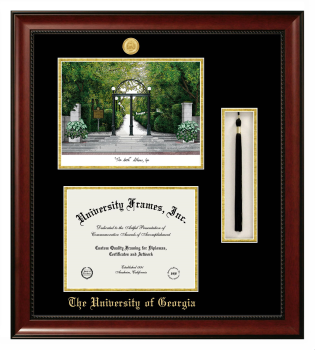 The University of Georgia Double Opening with Campus Image & Tassel Box (Stacked) Frame in Avalon Mahogany with Black & Gold Mats for DOCUMENT: 8 1/2"H X 11"W  