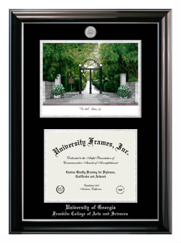 The University of Georgia Franklin College of Arts and Sciences Double Opening with Campus Image (Stacked) Frame in Classic Ebony with Silver Trim with Black & Silver Mats for document: 8 1/2"h x 11"w  