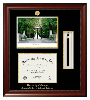 The University of Georgia Franklin College of Arts and Sciences Double Opening with Campus Image & Tassel Box (Stacked) Frame in Avalon Mahogany with Black & Gold Mats for document: 8 1/2"h x 11"w  